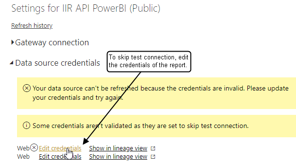 Annotated screenshot of the settings for a Power BI DataSet.