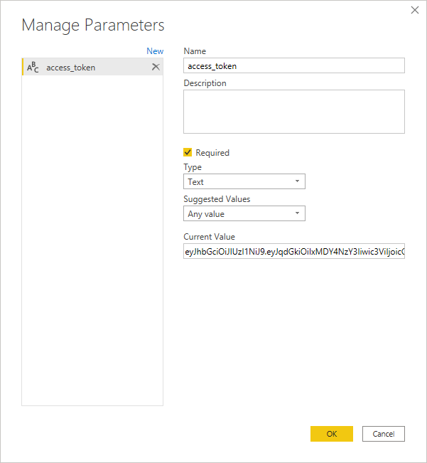 Picture of how the access_token parameter should look when setup in Power BI.