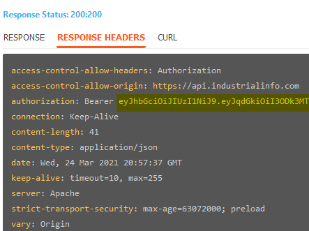 Illustration of finding the API token in the header of the Generate Access Token return.